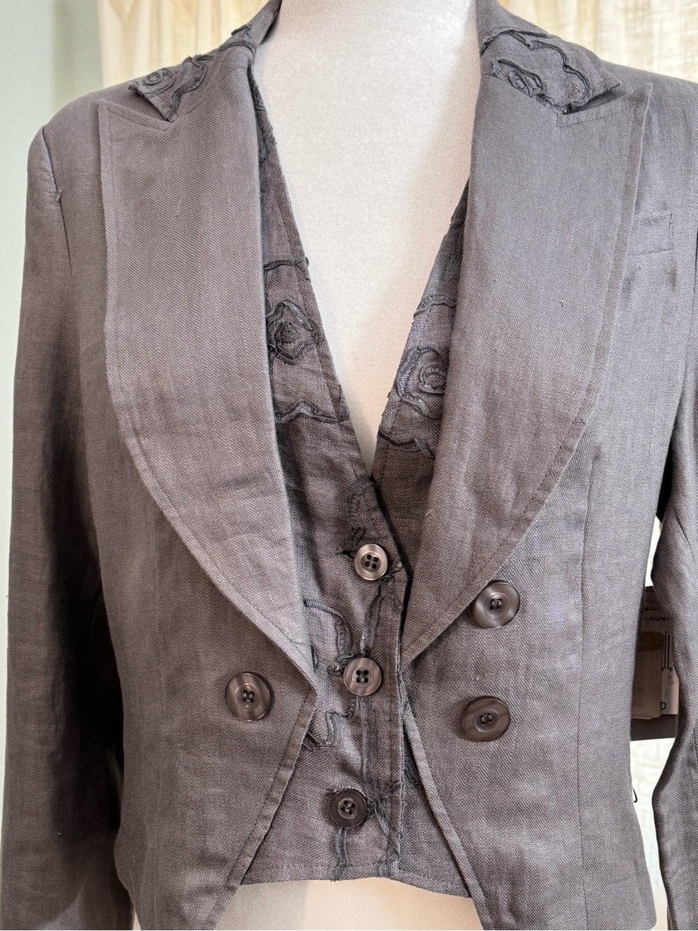 São Paulo Linen Blazer-Vest Embroidered Size 10 Slate Blue Gray Boho Chic